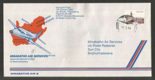 AVIATION 1984 MMABATHO AIR SERVICES FLIGHT COVER #5 1ST FLIGHT JAN SMUTS - PILANESBERG