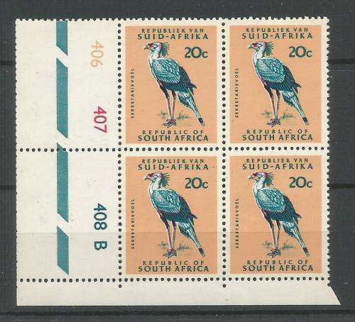 RSA 1971 1ST DEF 20c MNH CONTROL BLOCK B406 HARRISON PAPER 3MM PHOSPHOR SACC 301a