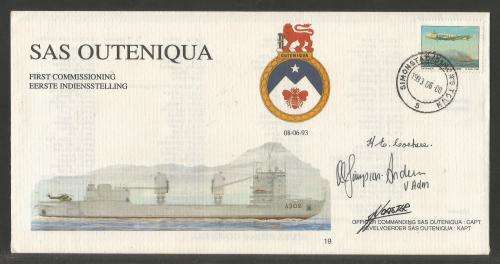SA NAVY COM COVER #19 - 1ST COMMISSIONING SAS OUTENIQUA D/S COUNTER 5 SIGNED BY 3 (ALL IN BLACK)