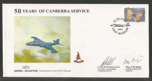 SA AIR FORCE (SAAF) FLIGHT COVER #S1 - 2001 50 YEARS CANBERRA SIGNED LAST OC AND PILOT