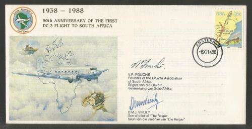 AVIATION 1988 FLIGHT COVER DAKOTA ASSOC 50TH ANNIV 1ST DC3 FLIGHT TO SA SIGNED FOUNDER AND PILOT SON