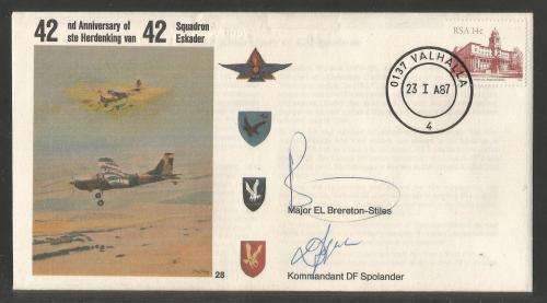 SA AIR FORCE (SAAF) FLIGHT COVER # 28 - 1987 42ND ANNIV 42 SQN SIGNED BY 2 BOTH IN BLUE PEN