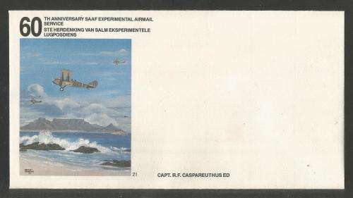 SA AIR FORCE (SAAF) FLIGHT COVER # 21 - 1985 60TH ANNIV SAAF EXPERIMENTAL AIRMAIL SERVICE UNSERVICED