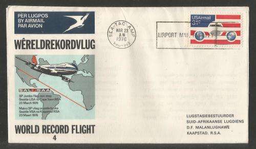 SA AIRWAYS (SAA) FLIGHT COVER # 4 1976 WORLD RECORD FLIGHT NON STOP USA - CT BOEING SP JUMBO VARIETY