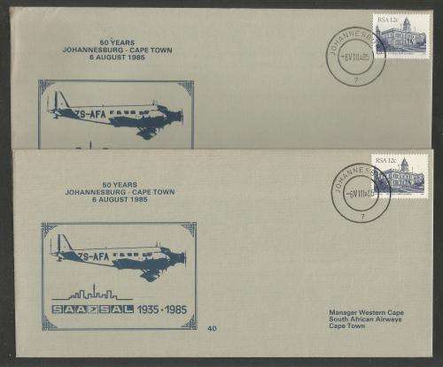 SA AIRWAYS (SAA) FLIGHT COVER # 40 1985 50 YEARS JHB - CT (BOTH LIGHT and DARK PRINTING SHADES)