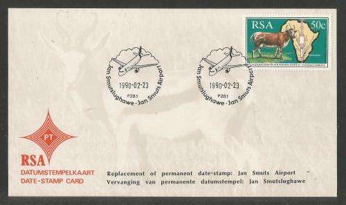 SA AIRWAYS (SAA) 1990 DATE STAMP CARD REPLACEMENT PERMANENT JAN SMUTS AIRPORT D/S