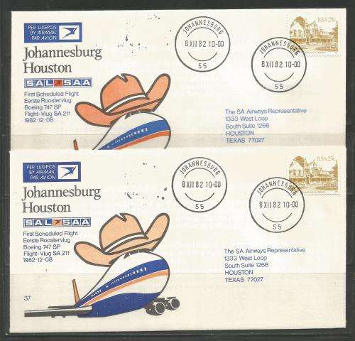 SA AIRWAYS (SAA) FLIGHT COVER #37 1ST FLIGHT JHB - HOUSTON BOEING 747SP MAIL EARLY D/S ORANGE SHADES