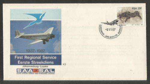 SA AIRWAYS (SAA) FLIGHT COVER # 43 1987 1ST REGIONAL SERVICE JHB - LUSAKA