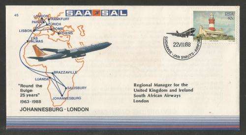 SA AIRWAYS (SAA) FLIGHT COVER # 45 1988 ROUND THE BULGE 25 YEARS JHB - LDN