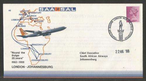 SA AIRWAYS (SAA) FLIGHT COVER # 46 1988 ROUND THE BULGE 25 YEARS LDN - JHB