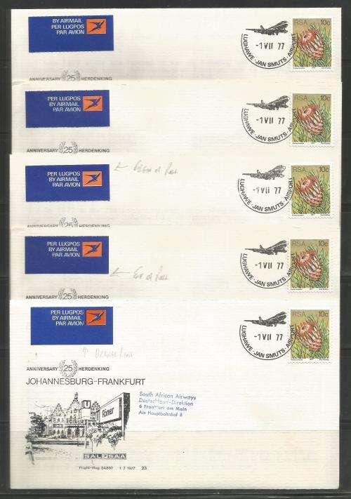 SA AIRWAYS (SAA) FLIGHT COVER # 23 1977 25TH ANNIV SAA JHB - FRANKFURT SMALL ADDRESS VARIATIONS
