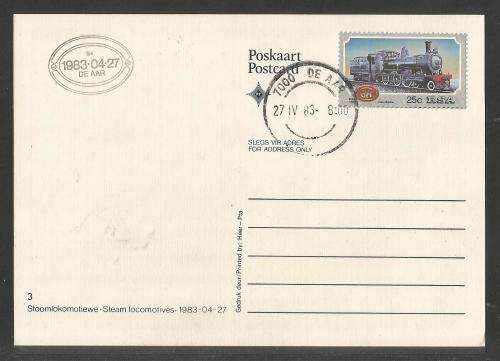 RSA 1983 25c STEAM LOCOMOTIVE MAXI CARD WITH ADDED STAMP - DE AAR D/S