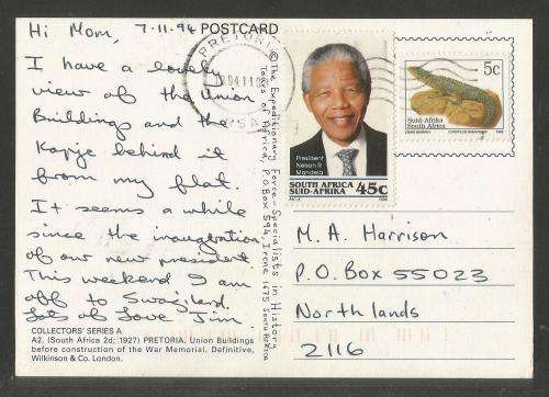 RSA 1994 UNION BUILDINGS PRETORIA USED COLLECTORS SERIES POSTCARD #A2 WITH MANDELA STAMP