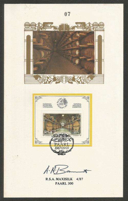 RSA 1987 PAARL 300 M/S LIMITED EDITION MAXISILK CARD # 4/87 - SIGNED BY ARTIST AH BARRETT