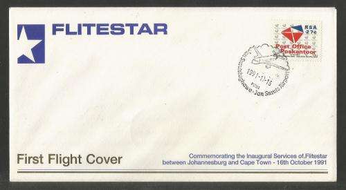 AVIATION 1991 FLITESTAR #2 1ST FLIGHT COVER JHB - CAPE TOWN 16/10/91