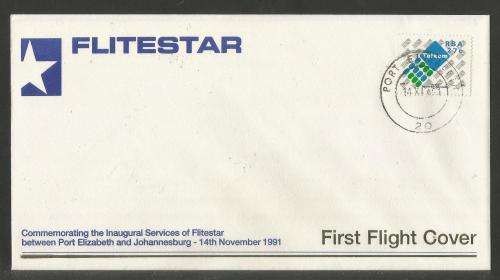 AVIATION 1991 FLITESTAR #6 1ST FLIGHT COVER PORT ELIZABETH - JHB 14/11/91 (TELKOM STAMP)