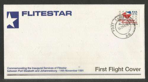 AVIATION 1991 FLITESTAR #6 1ST FLIGHT COVER PORT ELIZABETH - JHB 14/11/91 (SAPO STAMP)