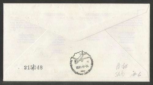 AVIATION 1991 FLITESTAR #6 1ST FLIGHT COVER PORT ELIZABETH - JHB 14/11/91 (SAPO STAMP)