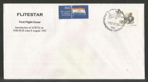 AVIATION 1992 FLITESTAR #38 1ST FLIGHT COVER ATR72 JHB - DURBAN 8/8/92