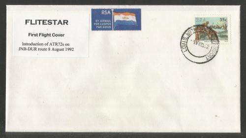 AVIATION 1992 FLITESTAR #39 1ST FLIGHT COVER ATR72 DURBAN - JHB 8/8/92