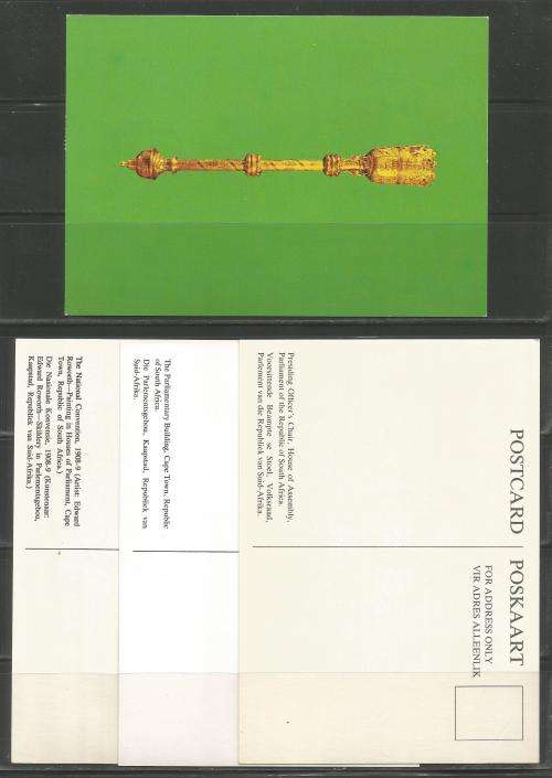 RSA 1985 SET OF 4 PARLIAMENT POSTCARDS ONE OF WHICH STAMPED and SIGNED BY STATE PRESIDENT PW BOTHA