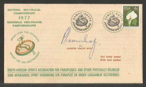 RSA 1977 NATIONAL MULTIRACIAL CHAMPIONSHIPS COM COVER SIGNED BY MIN OF SPORT PIET KOORNHOF