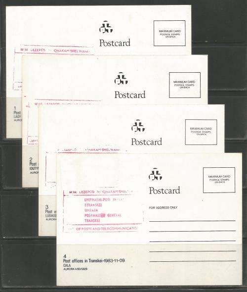 TRANSKEI 1983 POST OFFICES SET OF 4 MAXI CARDS ALL SIGNED BY POSTMASTER GENERAL