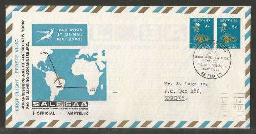 RSA 1969 SAA 1ST FLIGHT JHB-NEW YORK OFFICIAL FDC #9 WITHOUT PRINTED MATTER ADDRESSED TO SPRINGS
