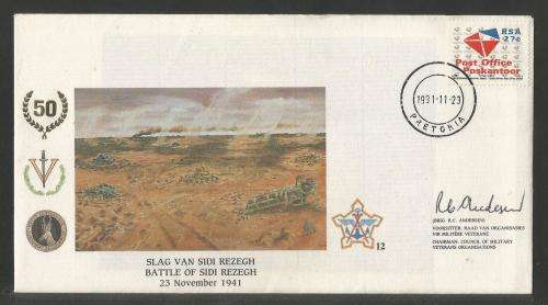 SA DEFENCE FORCE (SADF) COM COVER #12 - 1991 50TH ANNIV BATTLE OF SIDI REZEGH SIGNED IN BLACK