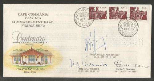 MILITARY COM COVER 1986 CENTENARY ARMY OFFICERS CLUB WYNBERG SIGNED 3 PAST OC`S - ONLY 78 SIGNED