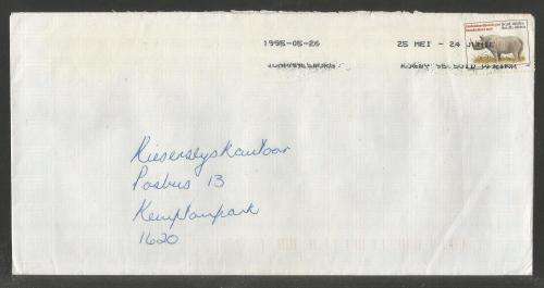 RSA 1995 RHINO ON COVER WITH RUGBY 95 SA INKJET CANCEL JHB 26/5/95 D/S