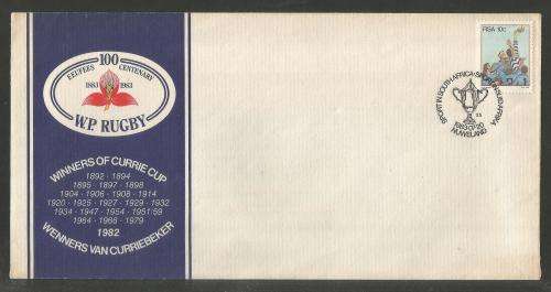 RSA 1983 CENTENARY WESTERN PROVINCE RUGBY ILLUSTRATED PRIVATE FDC NUWELAND 20/7/83 D/S