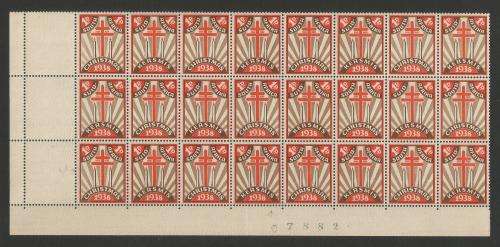UNION SA 1938 CHRISTMAS LABELS MNH CORNER BLOCK OF 24 WITH BLACK SHEET #
