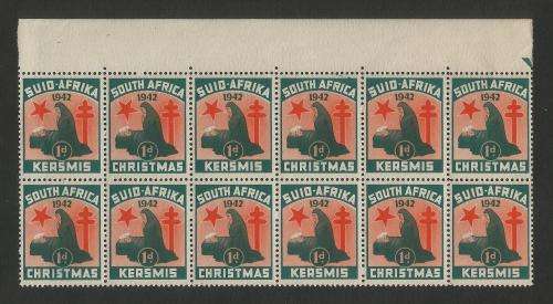 UNION SA 1942 CHRISTMAS LABELS MNH MARGINAL BLOCK OF 12 WITH PART ARROW