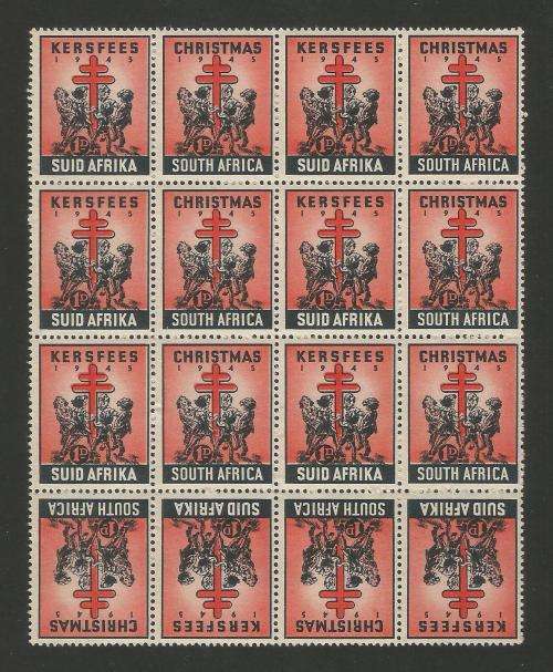 UNION SA 1945 CHRISTMAS LABELS MNH BLOCK OF 16 INCLUDING 4 TETE BECHE PAIRS