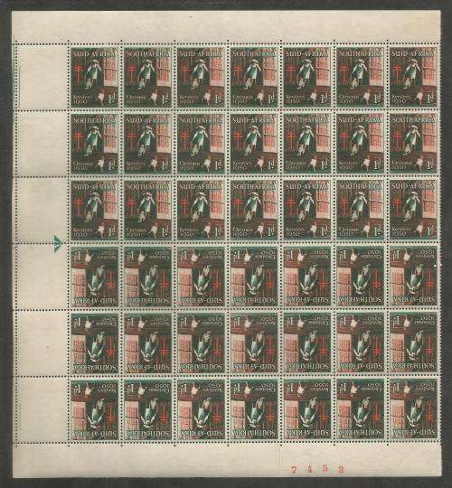 UNION SA 1950 CHRISTMAS LABELS MNH MARGINAL BLOCK OF 42 INCL TETE BECHE PAIRS, ARROW AND RED SHEET #