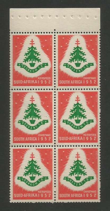 UNION SA 1952 CHRISTMAS LABELS MNH BOOKLET PANE OF 6