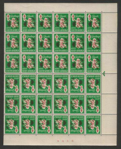 UNION SA 1953 CHRISTMAS LABELS MNH MARGINAL BLOCK OF 36 INC TETE BECHE PAIRS, ARROW & BLACK SHEET #