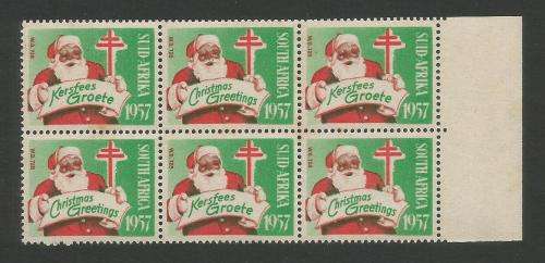 UNION SA 1957 CHRISTMAS LABELS MNH MARGINAL BLOCK OF 6
