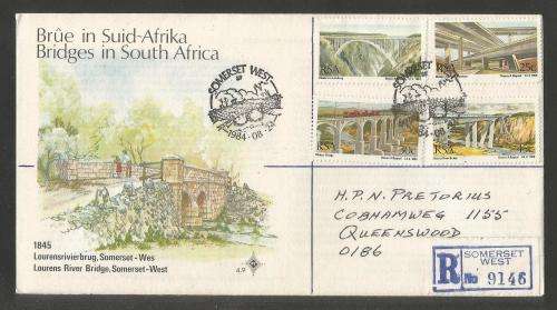 RSA 1984 BRIDGES OFFICIAL FDC #4.9 WITH OFFICIAL HAND CANCEL REG TO QUEENSWOOD