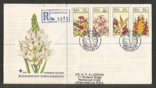 RSA 1985 FLORAL EMIGRANTS OFFICIAL FDC #4.13 WITH OFFICIAL HAND CANCEL REG TO PARKWOOD