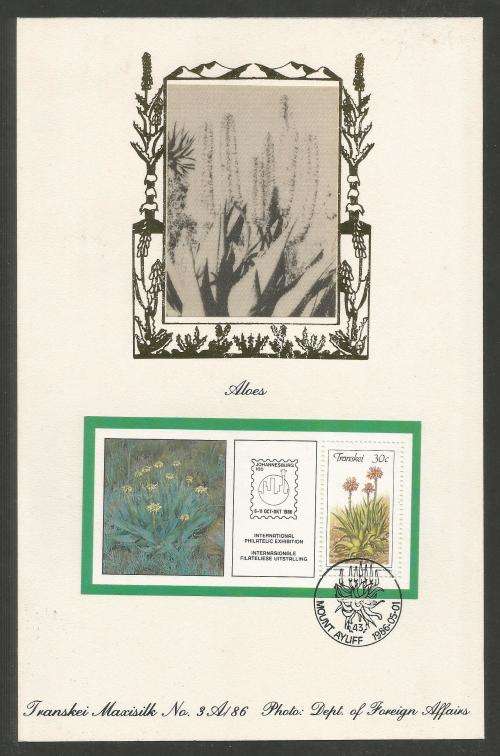 TRANSKEI 1986 ALOES M/S LIMITED EDITION MAXISILK CARD 3A/86 MONOCHROME PROOF