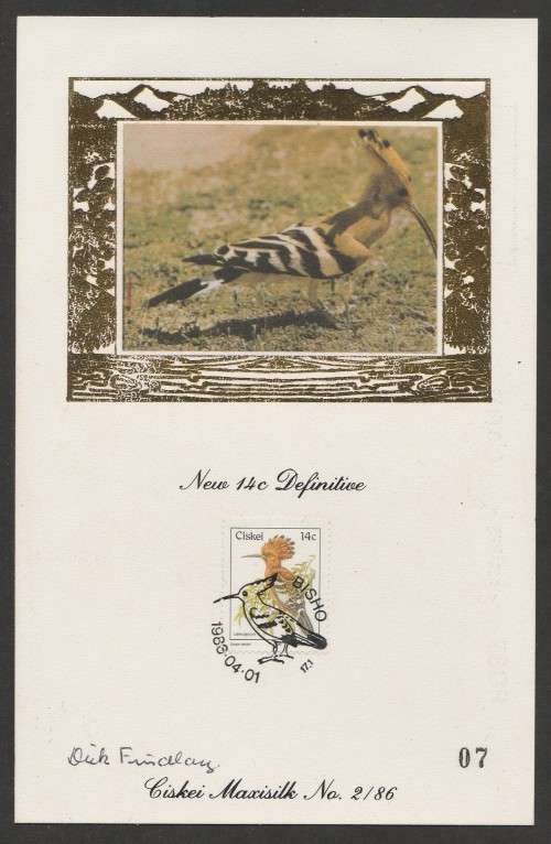 CISKEI 1986 14c DEFINITIVE LIMITED EDITION MAXISILK CARD # 2/86 SIGNED BY ARTIST DICK FINDLAY