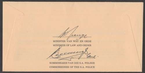 RSA 1983 70 YEARS SA POLICE COM COVER #1 SIGNED BY MIN LAW AND ORDER AND COMMISSIONER