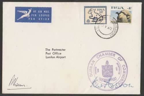 RSA 1972 LOUIS BOTHA TO LONDON COM COVER SIGNED BY DURBAN CHAMBER OF COMMERCE WITH CACHET