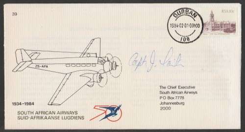 SA AIRWAYS (SAA) 1984 FLIGHT COVER #39 50 YEARS SAA SIGNED CAPTAIN JOHN TAINTON