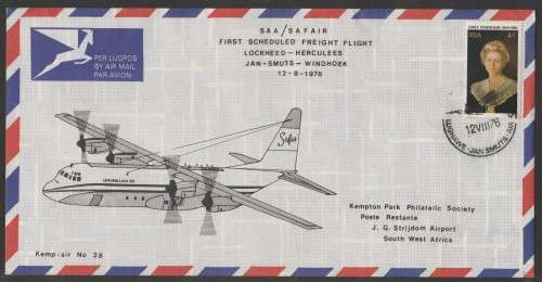 AVIATION 1976 KEMPAIR FLIGHT COVER #38 1ST SAA SAFAIR FREIGHT FLIGHT LOCKHEED HERCULES