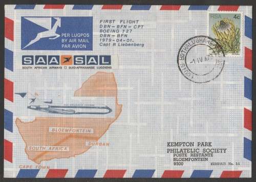 AVIATION 1979 KEMPAIR FLIGHT COVER #1.1 1ST SAA FLIGHT DBN TO CT BOEING 727