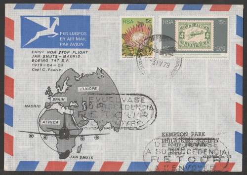 AVIATION 1979 KEMPAIR FLIGHT COVER #1.2 1ST NON STOP FLIGHT JAN SMUTS TO MADRID BOEING 747SP