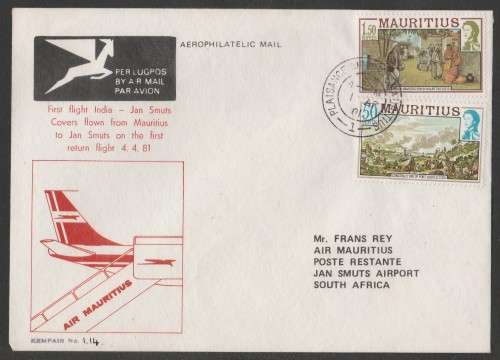 AVIATION 1981 KEMPAIR FLIGHT COVER #1.14 1ST AIR MAURITIUS FLIGHT INDIA TO JAN SMUTS
